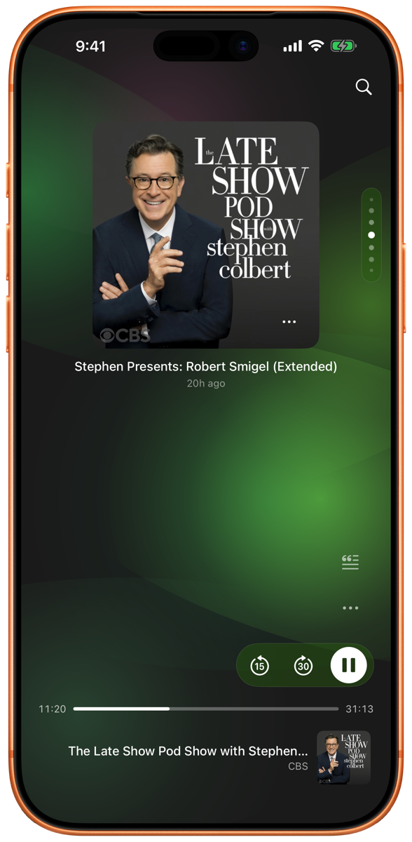 Lattercast on iPhone playing The Late Show Pod Show with Stephen Colbert